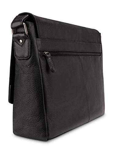 LEABAGS skórzana torba na ramię i laptop 15 cali, kurierska torba z prawdziwej skóry bawolej w stylu vintage 30x11x39 cm Czerń Onyksu