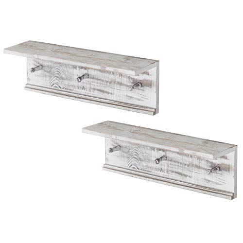 Mygift Rustic Whitewashed Wood 16-Inch Wall-Mounted Shelves With 3 Coat & Hat Pegs, Set Of 2 #TOP1