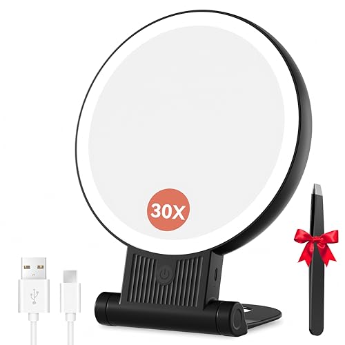 Auxmir 30X Magnifying Mirror, Double Sided 1X /30X Makeup Mirror with Light, Folding Lighted Rechargeable Beauty for Travel, Rotating 3 Color Lights, Dimmable Touch Screen, Black