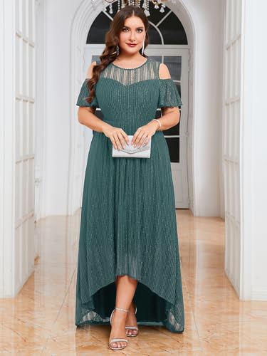 Image of ZOMVA Plus Size Sparkly Mesh Maxi Dress Cold Shoulder Ruffle Sleeve High Low A Line Dresses Wedding Guest Cocktail Party