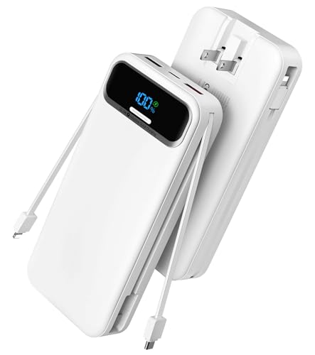 Image of Nusyddy Portable Charger 20000mAh 22.5W w /Built-in Cables & Wall Plug White | 22.5W Fast Charging, High Capacity, LED Display, Charge 5 Devices at once, TSA Approved, Compatible with iPhone /iPad /Samsung
