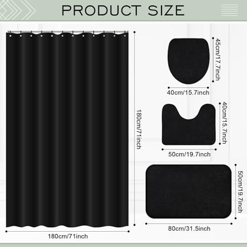 Hosuly 4 Pcs Bathroom Shower Curtain Set with Non Slip Rugs, Toilet Lid Cover and Bath Mat, Waterproof Bathroom Curtains with 12 Hooks Shower Set for Solid Color Bathroom Decor (Black) by Hosuly - Used condition - US$24.17