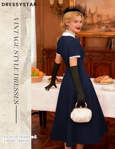 Image of Dressystar Women's 1950s Vintage Swing Dress Short Sleeve V Neck A Line Retro Rockabilly Cocktail Party Dresses With Pockets