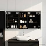Teenpull Set di 3 armadietti da bagno in legno da 110 x 10,5 x 60,5 cm, montaggio a parete, con specchio bidirezionale, illuminazione a LED, scaffali e pratico portaoggetti per mobili da bagno