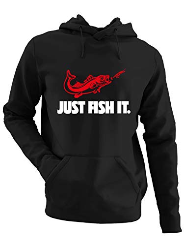 clothinx Herren Kapuzen-Pullover Angler Sprüche Just Fish it Schwarz/Weiß/Rot Größe XL