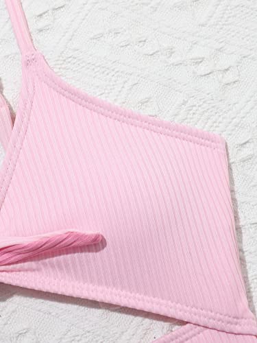 Romwe Girl's Colorblock Cut Out Knot Front One Piece Swimsuit Bathing Suit Swimwear Pink Colorblock 140 #TOP2
