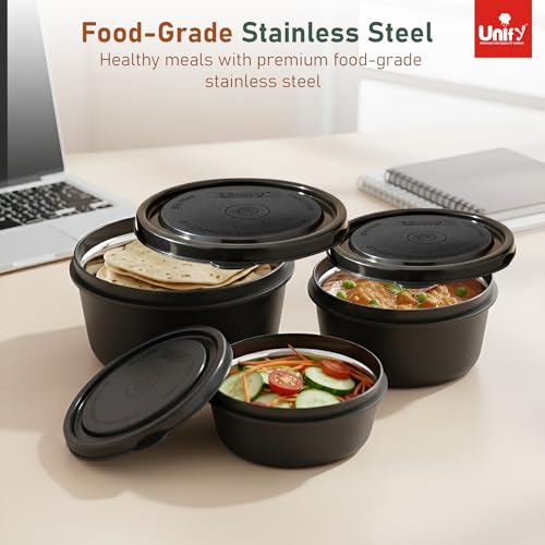 Image of Unify 3 Pieces Stainless Steel Lunch Box | Microwave Safe Leak-Proof Food Storage Containers with Lids for Office, School, Kitchen (Black, Capacity - 600ml, 400ml, 250ml)
