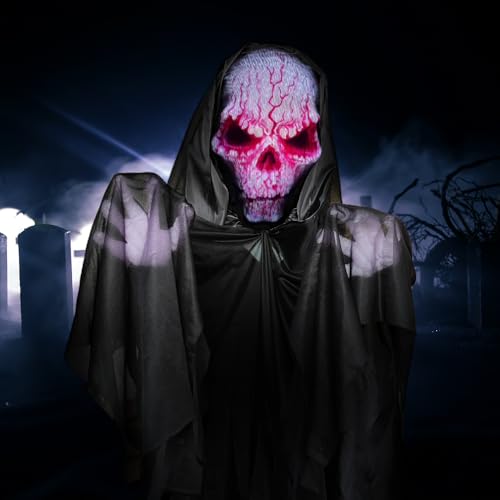 YOKUJITI 72" Halloween Animatronics Hanging Faceless Ghost Outdoor Decoration with Sound Activated, Black Mask Grim Reaper with Light Posable Arms in Dark Horror Robe for Haunted House
