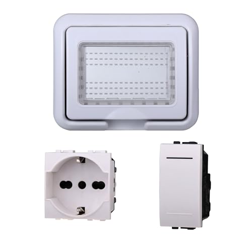 Kit Placca Scatola 503 Premontato IP55, 3 Moduli Presa Schuko 10/16A + Interruttore, Compatibile Con Bticino Living, Colore Bianco, Placca Stagna Idrobox Incasso Da Esterno