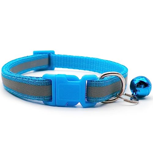 Small Dog Puppy Pet Collar Reflective Hi-Vis Strip with Bell Nylon Adjustable Size 19-32cm Light Blue - Image 2