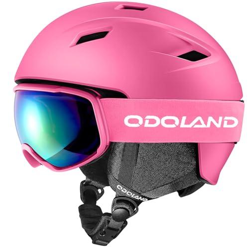 Odoland Ski Helmet and Goggles Set for Adults & Youth, Snowboard Helmet with Goggles - Shockproof Winter Sports Helmet with Protective Shell for Men, Women & Teens, Pink, S
