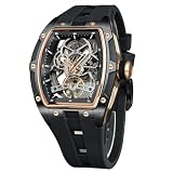 FORSINING Orologio meccanico automatico da uomo, quadrante scheletro Tonneau con design ispirato al tourbillon, cassa in acciaio inossidabile 316L, cinturino in silicone bianco, orologio sportivo di