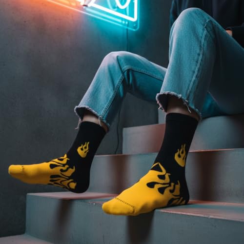 Image of Pack of 5 Flame Pattern Crew Socks | Colorful Fire Design Crew Length Cotton Socks for Men & Women | Breathable, Soft & Durable | Casual, Gym & Streetwear Socks | Multicolor