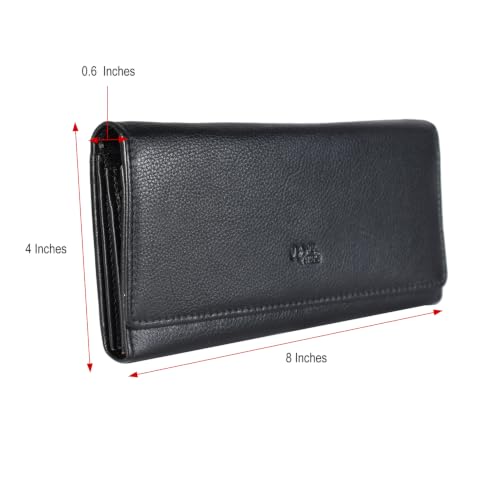 Image of Women's Top Grain Leather Wallet, RFID Blocking Bifold clutch, 17 Card Slots, Zip Pocket Organizer, Elegant Gift for Women - Birthday, Valentine, Anniversary - BLACK