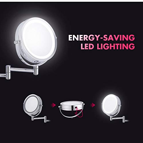 Sharplace Round Double-Sided Swivel Wall Mount Vanity Mirror LED Lighted with 5x Magnification Extension Pole for Counter Home Bathroom Shaving Makeup