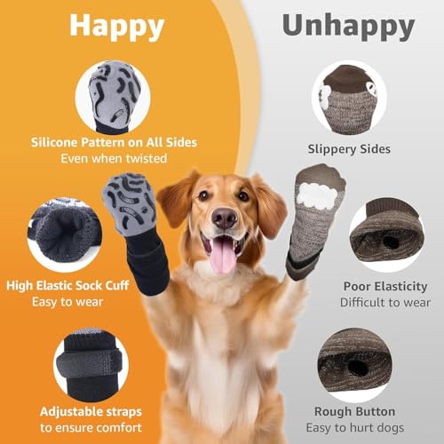 Aubzy 2 Paar Weiche Hundesocken Anti-Rutsch, Doppelseitig Pfotenschutz mit verstellbarem Klettverschluss Riemen, Leuchtband Leopardenmuster, Innen/Outdoor Leckschutz Hund Verletzung(M)