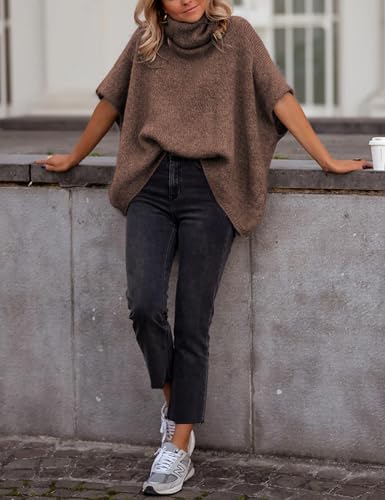 Image of Ynhonra Womens Turtleneck Sweater Oversized Chunky Batwing Sleeve Short Tops