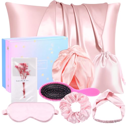 Tiamon Satin Pillowcase Gift Set for Hair Skin Women Hair Care Spa Accessories Luxury Sleeping 8Pcs Set with Silk Pillowcases Eye Mask for Women Wife Girls Birthday Christmas (Pink)