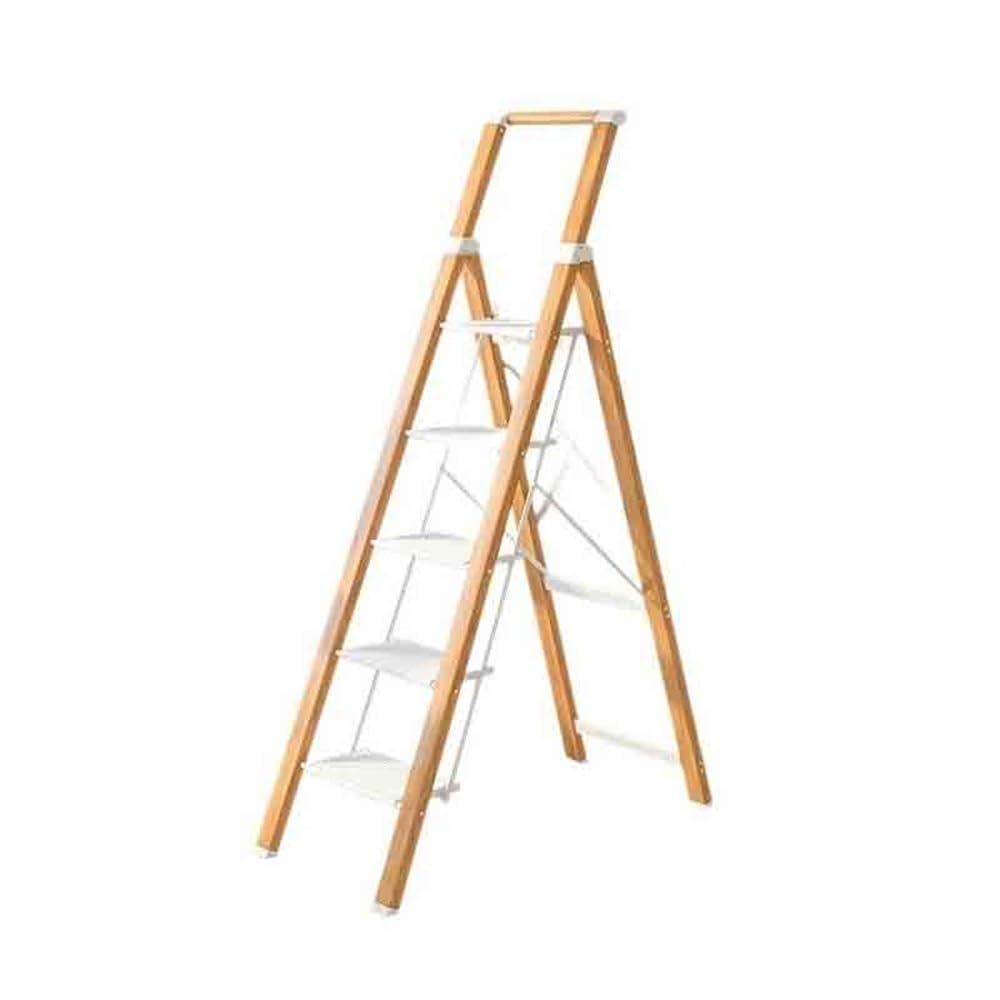 4/5 Steps Adult Folding Stool with Wide Non-Slip Treads Maximum Load 150 Kg Lbs with Handle Aluminum, Wood Grain(White,Large)