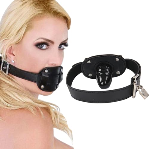 Dildo Silicone Open Mouth Gag with Dildo Oral Anal Plug Sex Toys Bondage Deep Throat Training BDSM Lockable (Black M)