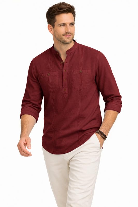 Image of ROYALSCOUT Men's Cotton Polyester Blend Kurta Style Shirt with Mandarin Collar, Half Button Placket, Dual Chest Pockets, Long Sleeve Casual Ethnic Fusion Wear for Office, Festive and Daily Use