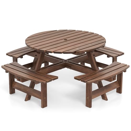 GOPLUS Conjunto de Mesa de Picnic Exterior, Mesa Redonda para Patio con 4 Bancos Integrados en Forma de Arco, Agujero para Sombrilla de 5 cm, para 8 Personas, Jardín Terraza Parque (Marrón)