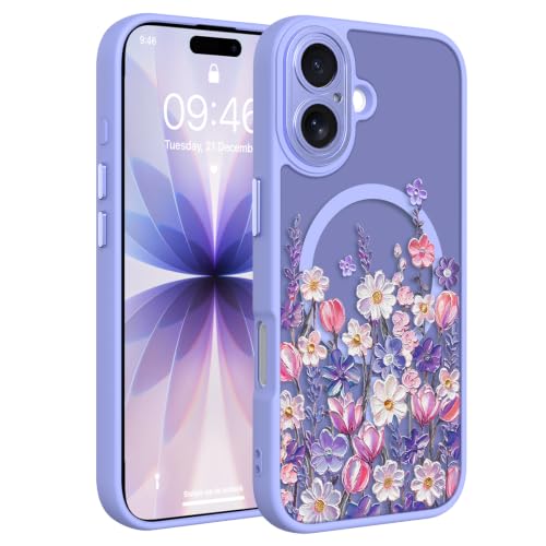 Image of Magnetic for iPhone 17 Case for Women Girls, Purple Floral | Cute Oil Painting Flower Pattern Design [Compatible with MagSafe] [Full Camera Protection] Translucent Slim Shockproof Cover