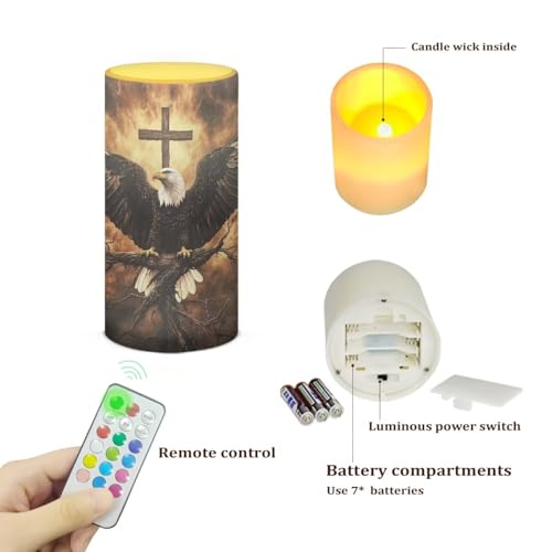 Image of Poceacles Eagle Cross Print Brown Flameless Light Candles Battery Operated Candles with Color Changing Timer Remote Control Tealights for Home Beach Dinner Party Banquet Decor