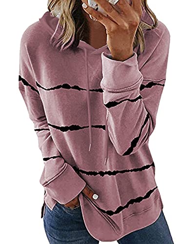BTFBM Women Sweatshirts Tie Dye Print Striped Color Block Long Sleeve Comfy Loose Soft Casual T Shirts Pullover (S-2XL) (Hoodie Stripe Pink, Large)