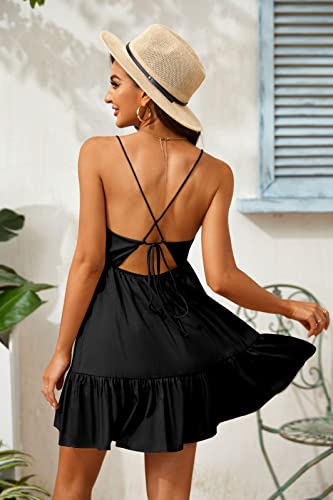 Womens V Neck Crisscross Backless Dresses Tie Back Sleeveless Ruffle Hem Flowy Swing A-Line Vintage Summer Mini Dress Black