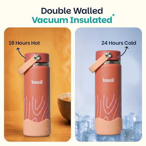 Image of Basil HydraRush Stainless Steel Insulated Kids Water Bottle for School, 600ml Leakproof Bottle with Carry Handle, Double Wall Vacuum Thermosteel Bottle for School, Travel & Outdoor | Coral Swirl