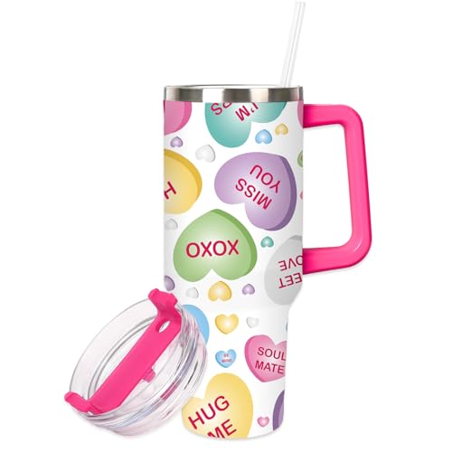 FYSUIMU Valentine Tumbler with Straw and Lid 40oz Conversation Heart Stainless Steel Cup with Handle Colorful Love Heart Travel Coffee Tumbler Cup for Home Office