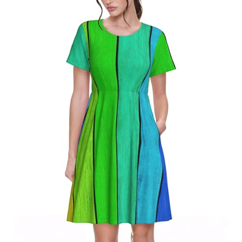 Robe d'été élégante en lin léger avec motif arc-en-ciel coloré pour femme