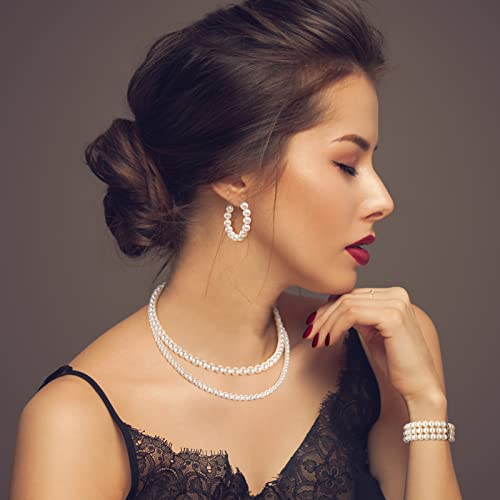 Image of Glenmal Pearl Rhinestone Jewelry Set for Women Pearl Necklace Bracelet Earrings for Wedding Halloween Bridal Shower Tea Party