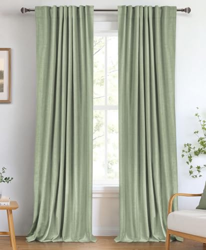 Image of 100% Blackout Shield Linen Blackout Curtains for Bedroom 84 Inches Long, Back Tab /Rod Pocket Living Room Drapes, Thermal Insulated Blackout Curtains 2 Panels Set, 50 inch W x 84 inch L, Sage