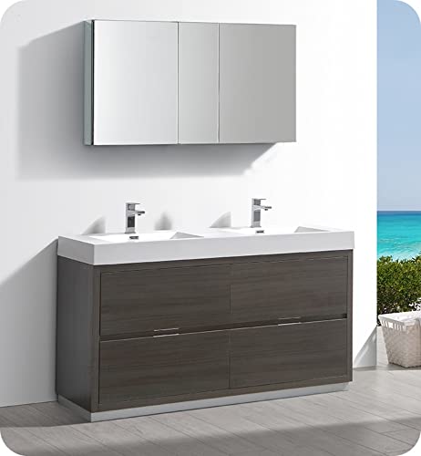Fresca Valencia 60 Inch Gray Oak Freestanding Double Sink Modern Wood Bathroom Vanity and Medicine Cabinet - Faucet Not Included - FVN8460GO-D