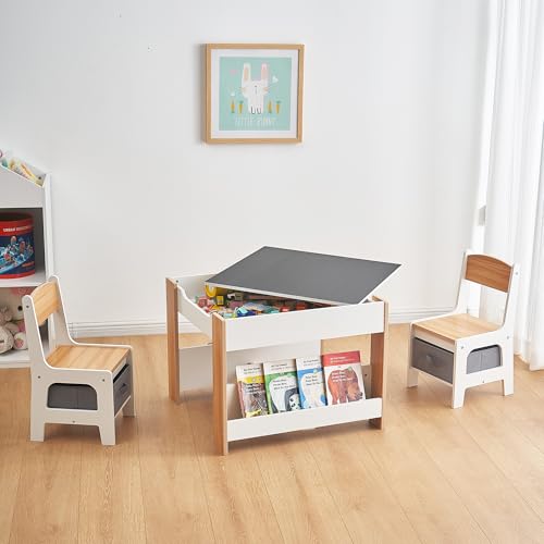 Asweets Kids Table and Chair Set,4 in 1 Toddler Desk with Storage Drawer,Wooden Activity Table for 2 in 1 Detachable Tabletop,Bookshelf,Suitable for Classroom,Home,Nursery,Playroom (Natural White)
