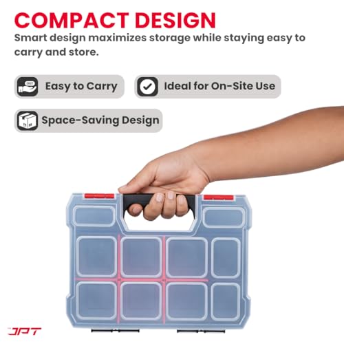 Image of JPT Small Ultra Heavy Duty Tool Organizer Box | Plastic Storage Case with Transparent Lid, 10 Compartments & 6 Removable Dividers | Portable Screws & Hardware Organiser
