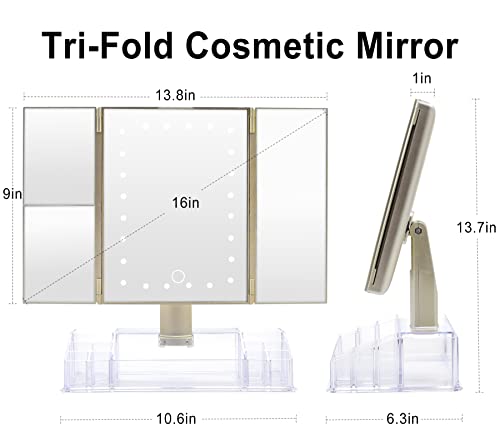 Gulauri Makeup Mirror - Lighted Makeup Mirror With Lights And Magnification, 3X/2X Magnifying, Tri-Fold Cosmetic Vanity Mirror With 24 Led Light And Storage, Touch Screen, 180 Degree Adjustable,Gold #TOP2