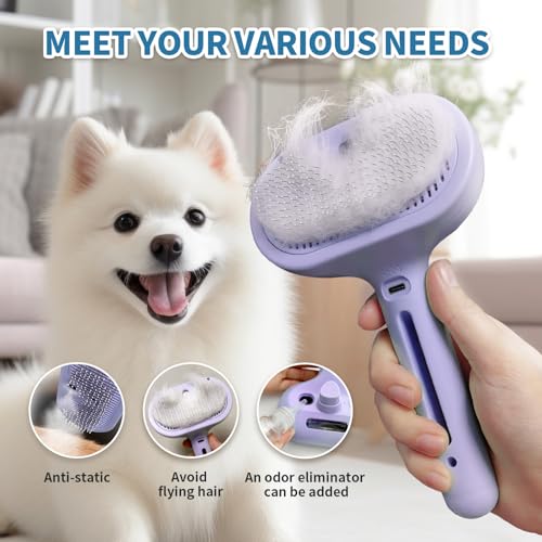 HeroKitty Dog Brush for Shedding, 3 in 1 Self Cleaning Steam Dog Brush - Anti-Static,Cat Steam Brush Removal Comb with Release Button, Grooming Tool for Long and Short Hair Pets, Purple