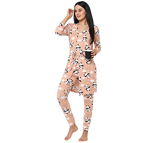 Image of Sweet Dreams Women Printed Lapel Collar 3 /4th Sleeve Poly Brush Robe, Slip & Pyjama Set