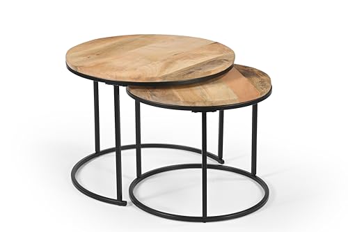 iAnanas 2er Set runder Couchtische runde Beistelltische Mangoholz Eisen modernes