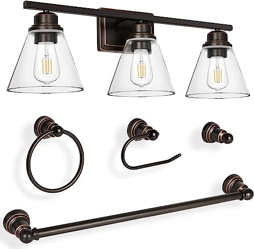 hykolity 3-Light Vanity Light Fixture, 5-Piece All-in-One Bathroom Set (E26 Bulb Base), Oil Rubbed Bronze Wall Sconce Lighting with Glass Shads, ETL Listed (Bulb not Included)