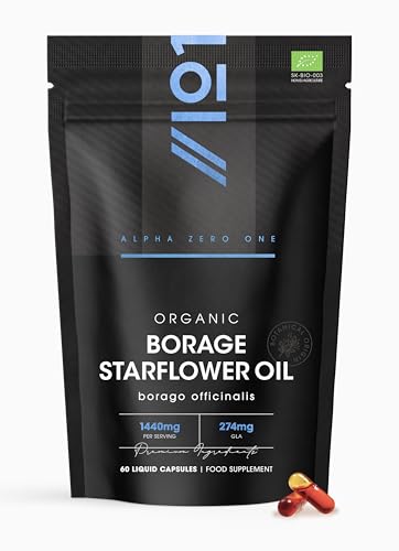Organic Borage Starflower Oil 1440mg 274mg GLA Cold-Pressed 60 Vegan Liquid Capsules - Natural Source of Omega-6 Resealable and Recyclable Pouch by Alpha01