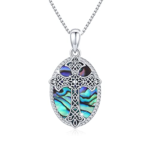 TUGHRA Valentines Day Gifts for Her, Cross Necklace Sterling Silver Dainty Celtic Knot Cross Pendant Necklaces Abalone Shell Religious Jewelry Gifts for Men Women Boys Girls Christians