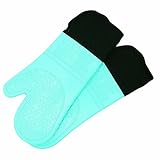 Silicone Oven Mitts with Quilted Cotton Lining - Professional Heat Resistant Potholder Kitchen Gloves - 1 Pair (Turquoise) - Homwe
