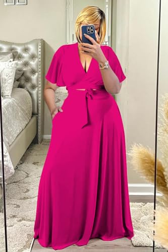 Image of Plus Size Women's 2 Piece Outfits Casual Short Ruffle Sleeve Wrap Crop Top Maxi Long Dress Flowy Matching Sets