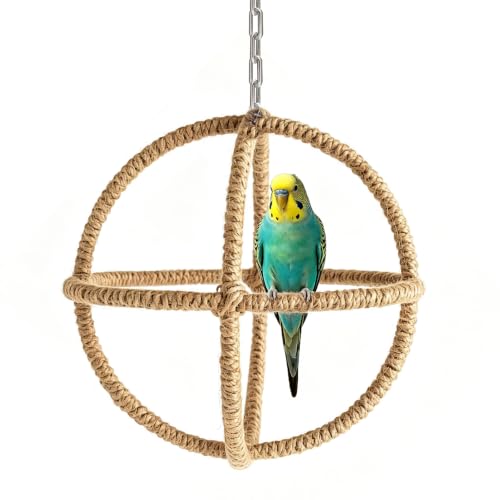 SSFGSDGG Parrot Swing Bird Perch Bird Cage Accessories Hemp Rope Covered Metal Globe Swing Hanging Swing Perch for Large Medium Birds Parakeet Cockatiel Conure Cockatoo 8.3 Inch Diameter
