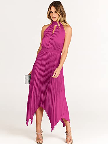 Anrabess Women's Sleeveless Cutout Halter Neck Satin Formal Dress Smocked Pleated Asymmetric Party Cocktail Maxi Dress Elagant Wedding Guest Evening Graduation Prom Dress 752Meihong-M Rose #TOP2