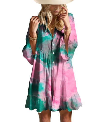Image of Summer Dresses for Women 2026 Flowy Ruffle 3 /4 Sleeve V Neck Tiered Casual Babydoll Boho Beach Mini Dress